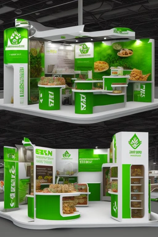 Corner green exhibition stand of a food company with product displays and a meeting area