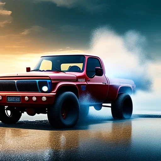 redshift style, photorealistic shot, Toy R C truck, cool color palette, vivid, sharp focus, puddle reflection, refraction, mist on the horizon, overcast, detailed and intricate, intense cinematic composition