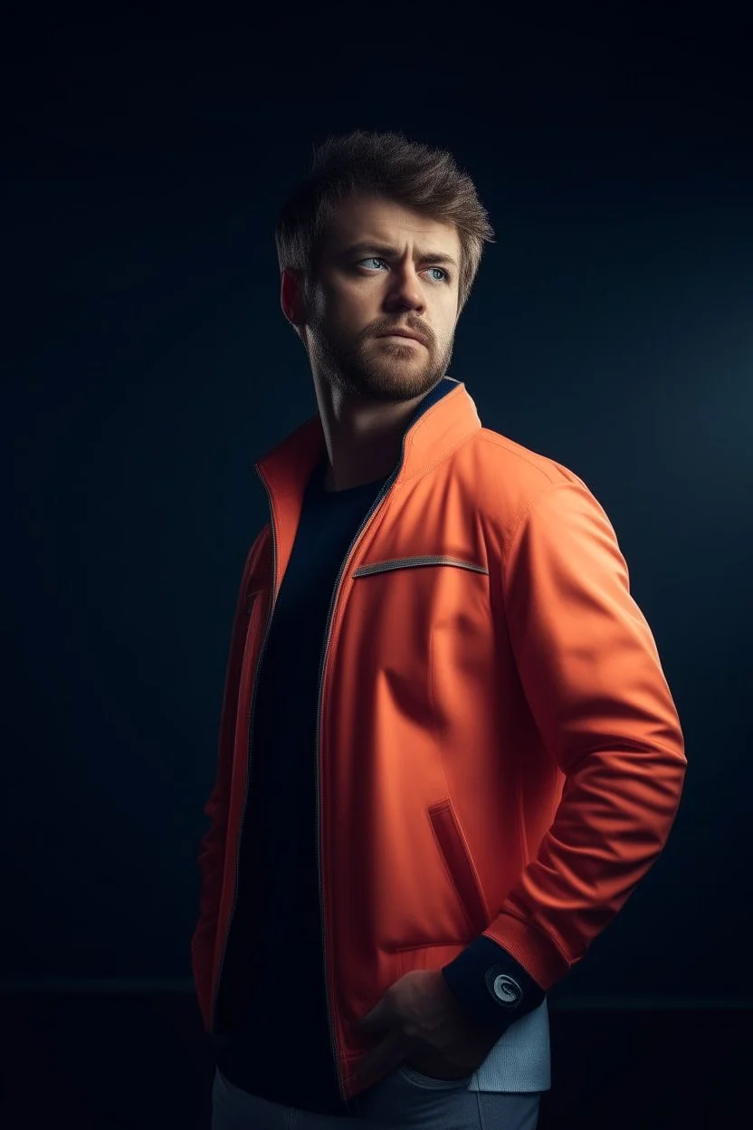 high quality photography 30 year old handsome developer man, stock photo premium, epic view, bright background, low-angle shot. tennis jacket