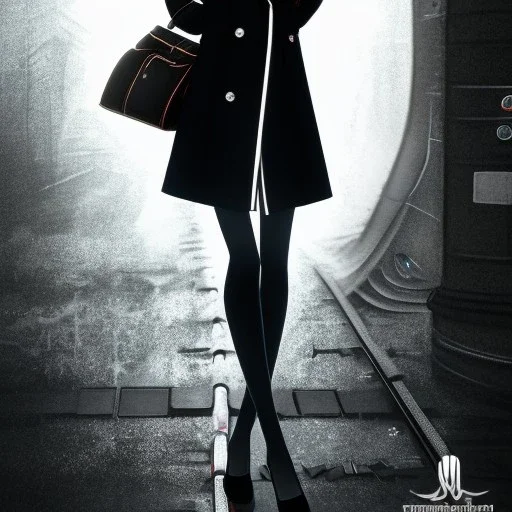 A beautiful slender well dressed young French woman with short hair and a black trench coat, waiting for a man at night at a train station in London