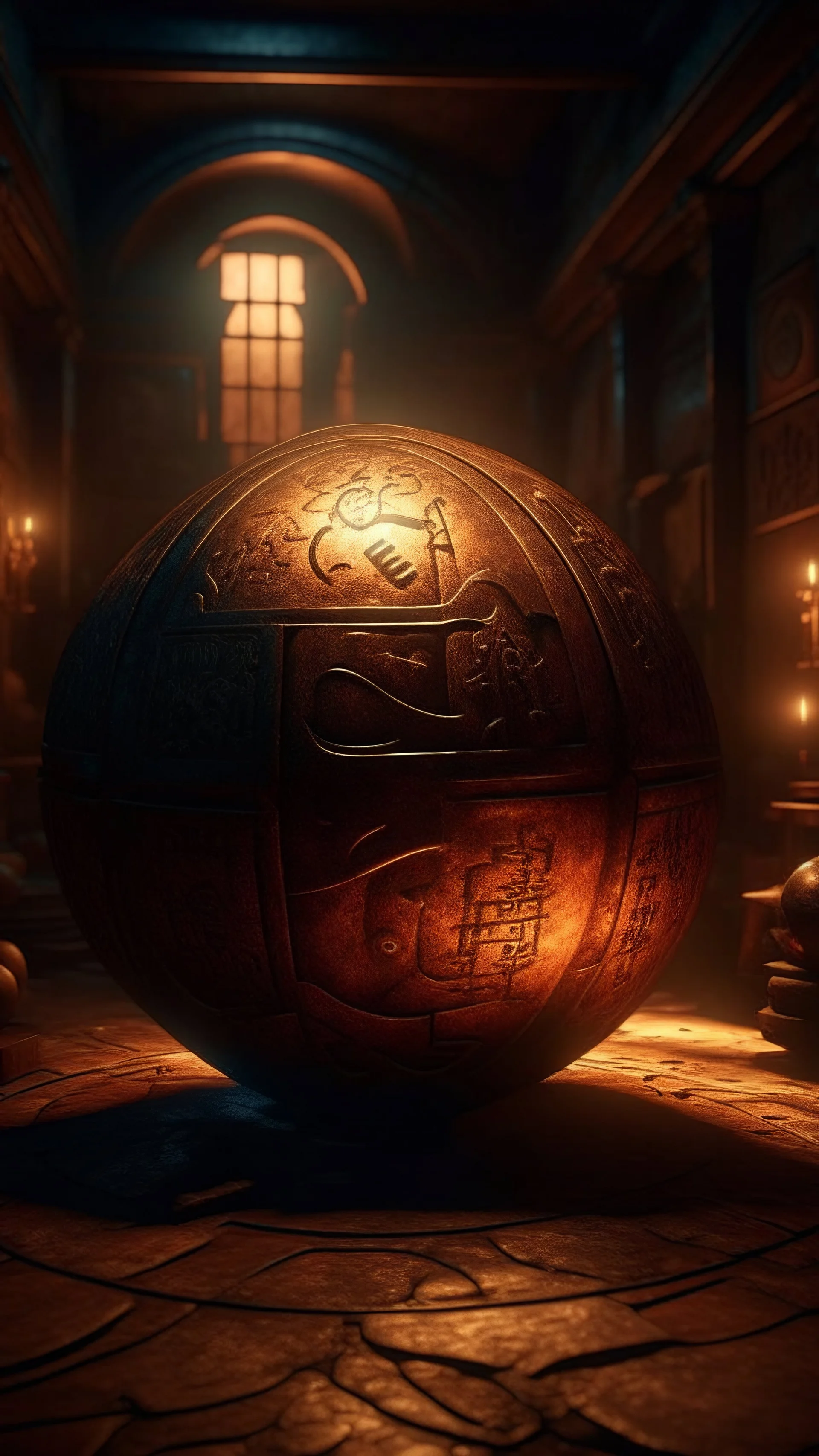 Create an image of old copper sphere with strange runes in side a temple with dim light from a torch on the wall in the background, Bosch painting style nightmare