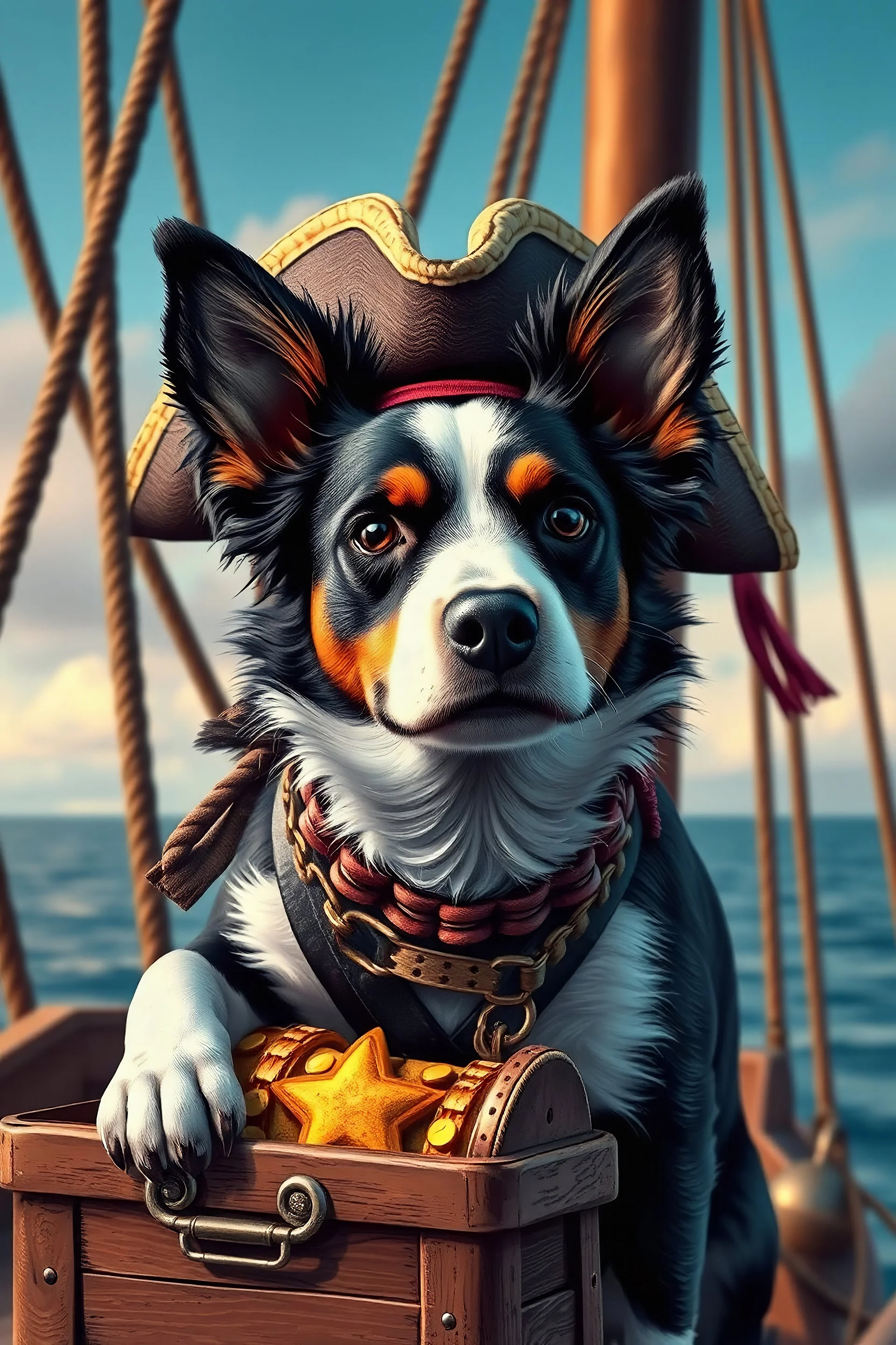 jacka russella pirate dog With black and white color on the ship With treasure