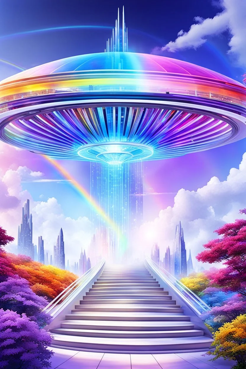 Ufo rainbow, futuriste ultra moderne,stairway to heaven,crystal very beautiful city,nature forest flowers colors