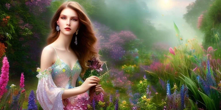 bright fairy, beautiful portrait, flowery landscape