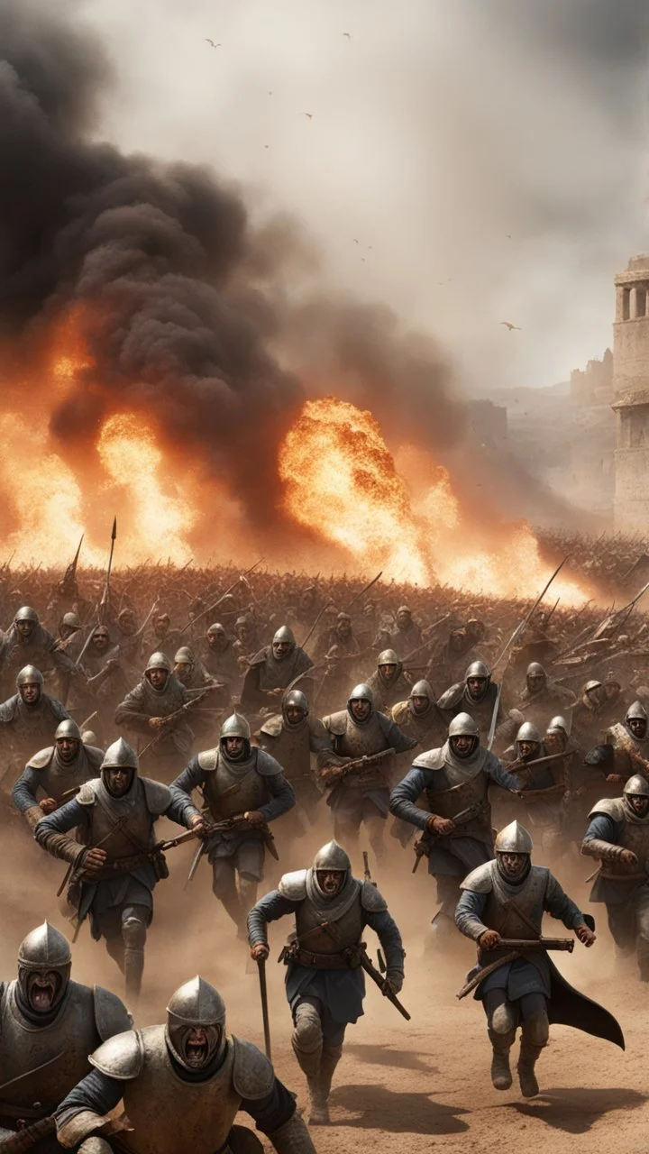 A front view of War of crusaders showing thousands of solders are running away from a distance toward the camera with scary faces and fear from a giant ghoul behind them, fires and dead’s and big fights on the ground