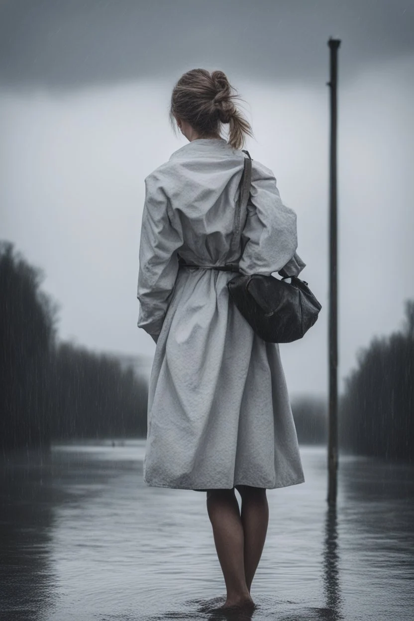 Standing in the grey-north see with white clothes. Girl with a bun. Rains heavily.