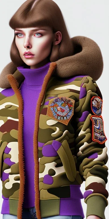 Brunette woman. average body type, think thighs and thick calves. Mantle is sewed of recycled Denim and sewed together of camouflage pieces. Printed camouflage figures are orange,terracotta, cream and purple. It is with big bright purple felt tippet and cream-colored-hood. mantle is merged with satchel. . AKG-style headphones (gold rings!) is merged with small felt cap with small visor. Style: Haute Couture in 1936, Paris fashion in 2023, inspired by street art. Cream latex gaiter.