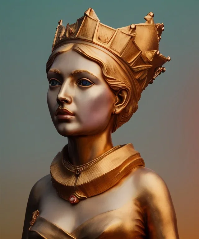 Statue of Queen of photography. Cute blonde woman. Photographer in golden crown. Standing on the street. Big camera in her hand. hyperdetailed, photorealistic, trending on artstation, greg rutkowski, beksinski, kodachrome, bokeh, red and gold