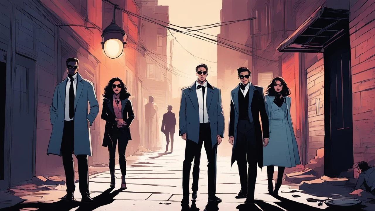 [art by Gabriel Bá] The Umbrella Academy: Vanya Hargreeves, Spaceboy, The Rumour, White Violin, and The Séance finding a body in an alley. The killer seems to be the 'Murder Magician' and his Assistant, who has hypnotized everyone at a talk show. The villains are defeated and the secret is uncovered