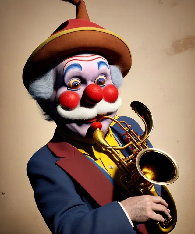 happy old friendly clown with round head and trimmed beard playing jazz with a steampunk theme, trumpet on mouth, circus,dreamy