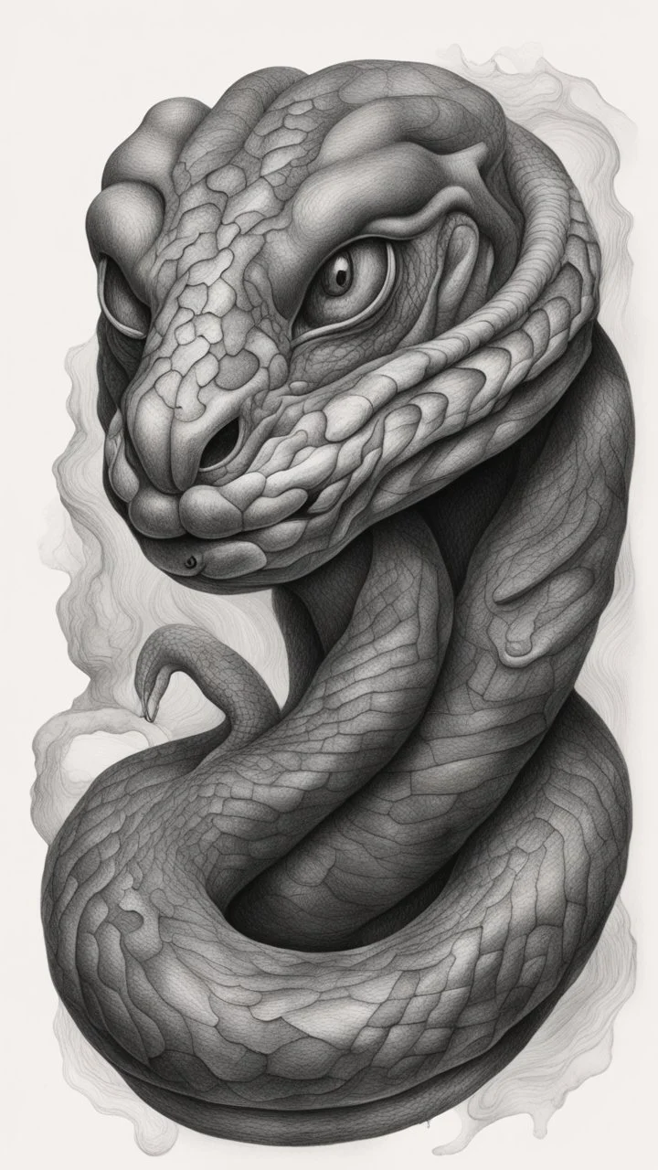 G𝙋𝙧𝙤𝙢𝙥𝙩 highly detailed graphite illustration, A surreal snake figure with exaggerated anatomical features, heavily wrinkled skin, and an intense, contemplative expression., thick eyebrows, merge into swirling abstract shapes. Large, expressive hands, one covering the mouth and the other gripping the forehead tensely. Mysterious, introspective, dreamlike, somewhat dark fantasy. #𝙙𝙧𝙚art #prompt