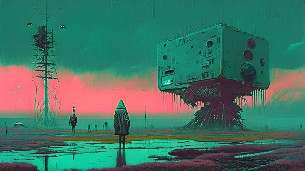 Strange surreal world, science fiction painting, Simon Stålenhag, Denis Sarazhin, ominous sky, Alex Colville, Alejandro Burdisio, Romain Trystram, RAW, gritty atmospheres, sinister surrealism, dark pop surrealism, neon techno-gothic punk, analog horror CRT, scan lines