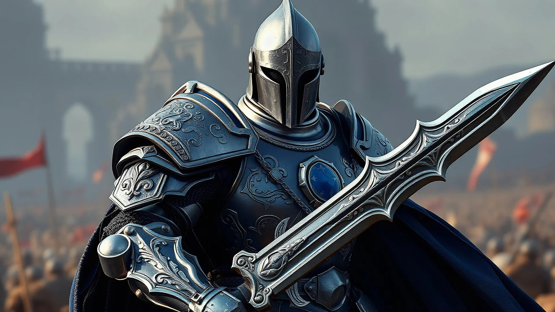 Photorealistic depiction of an epic fairy tale fantasy knight wearing opulent sapphire silver armor with helmet and heavy ornate sword. Standing on a battlefield.