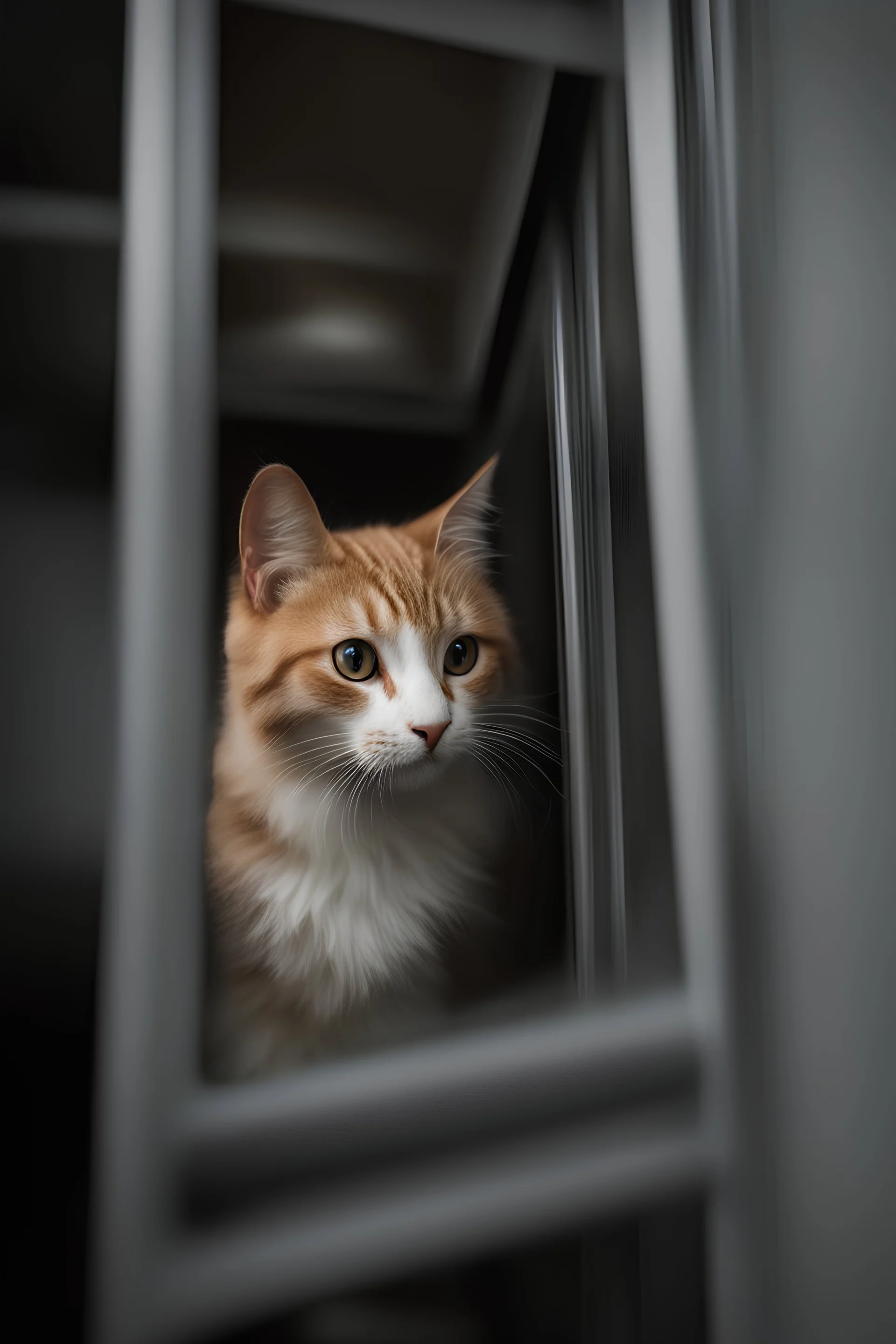 Cat hiding behind a glass wall