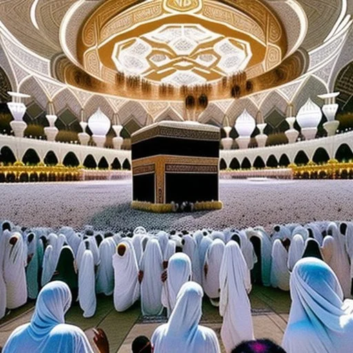 The scene in Mecca: People wearing white Ihram clothes, men without head coverings, women with veils, circumambulating around the Kaaba, and above them are transparent white spirits of children, men, and women with wings revolving around the Kaaba.