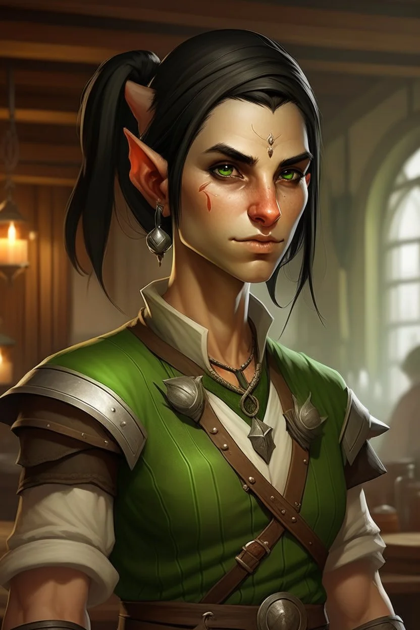 Dungeons and dragons half orc tomboy. She has green skin and pointy ears. She is kind. She is handsome. She has nice eyes. She has short black hair. She is strong. She is in a tavern. She has broad shoulders. Realistic style