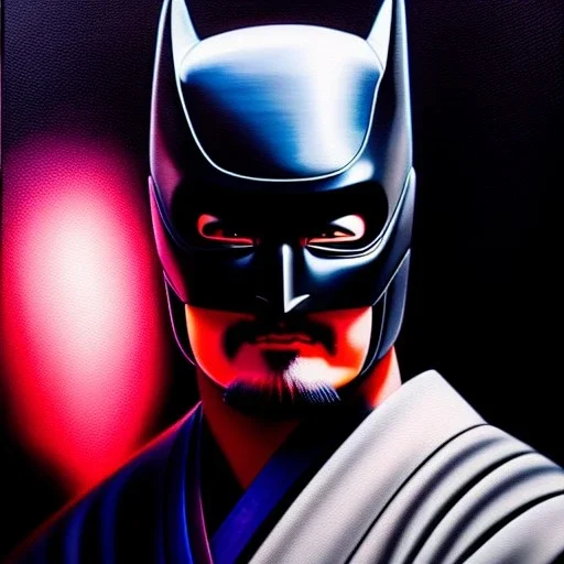 Ultra detailed fullbody Portrait in oil on canvas of epic drawing of Japanese Samurai Batman merges with overwatch ninja genji,intense stare,extremely detailed digital painting, extremely detailed face,crystal clear Big eyes, mystical colors ,perfectly centered image, perfect composition, rim light, beautiful lighting,masterpiece,8k, stunning scene, raytracing, anatomically correct, in the style of robert e howard and Ken Kelley and Ohrai Noriyoshi and Simon Bisley and tomzj1