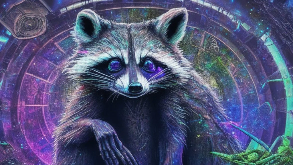 Graffiti trash panda; neo-surrealism dystopian eldritch elegant fantastical intricate hyperdetailed holographic magnificent meticulous mysterious ominous