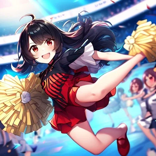 Clear focus,High resolution, black short fluffy hair, long fluffy bangs, and red eyes, Depressed girl, wearing a cheerleader outfit, jumping, blushing, smiling, happy, pointing up