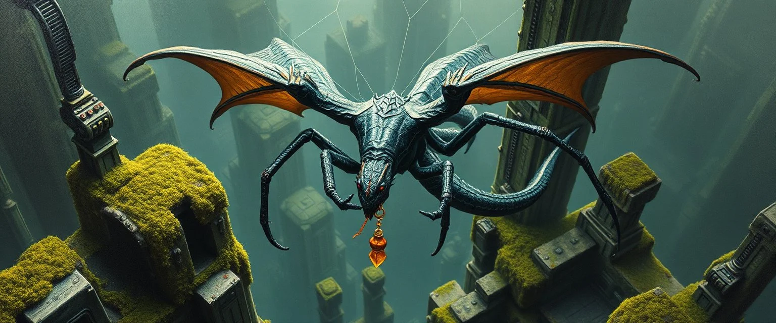 cyberpunk dragon spider man with charm in web from mossy tower, master oil painting by Rembrandt and Escher, moss covered space station, brightened edges to give a sense of depth