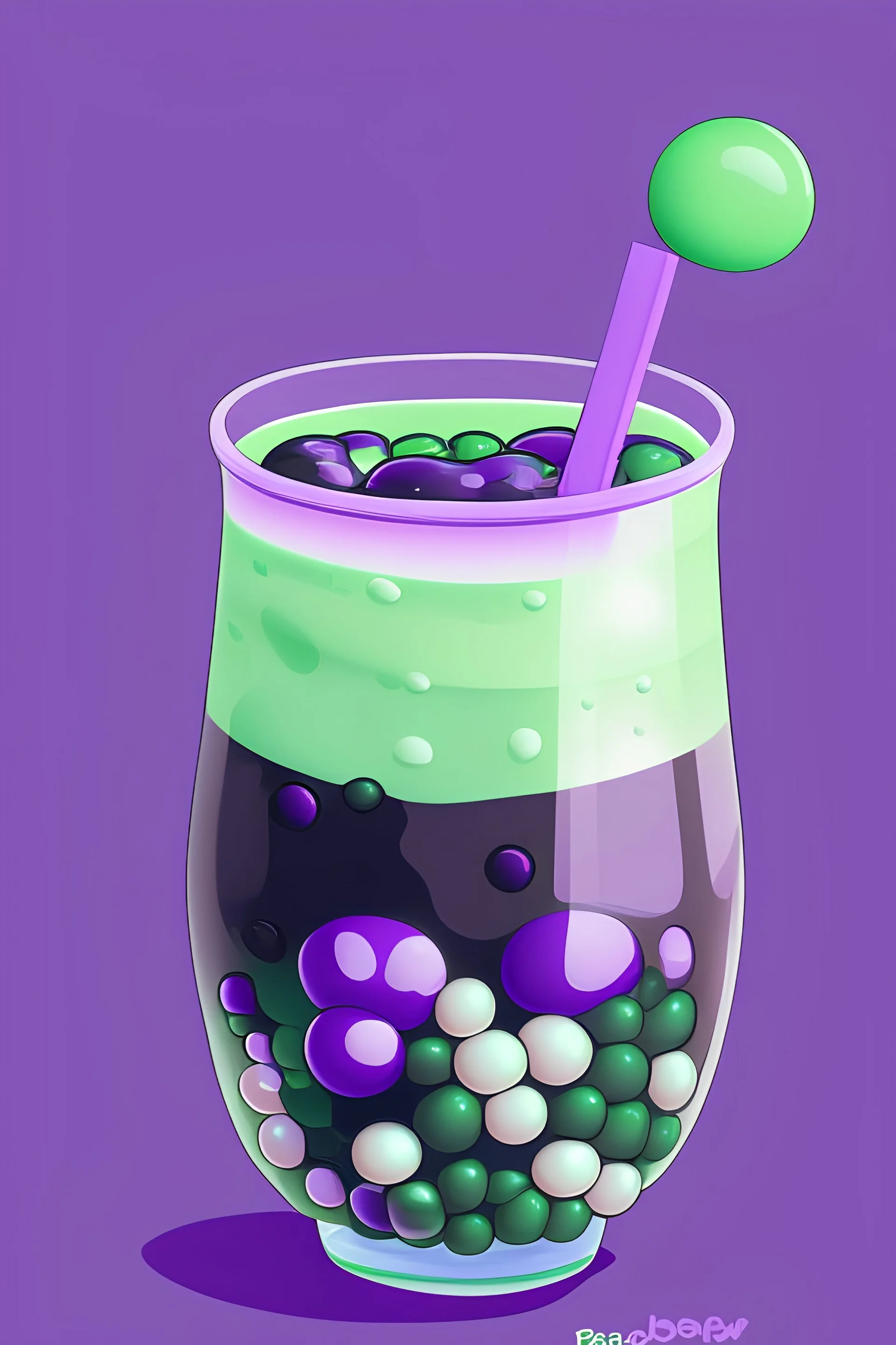Boba in a milk cartoon shaped glass cup with the drink bring a gradient of purple to green and the boba pearls being black