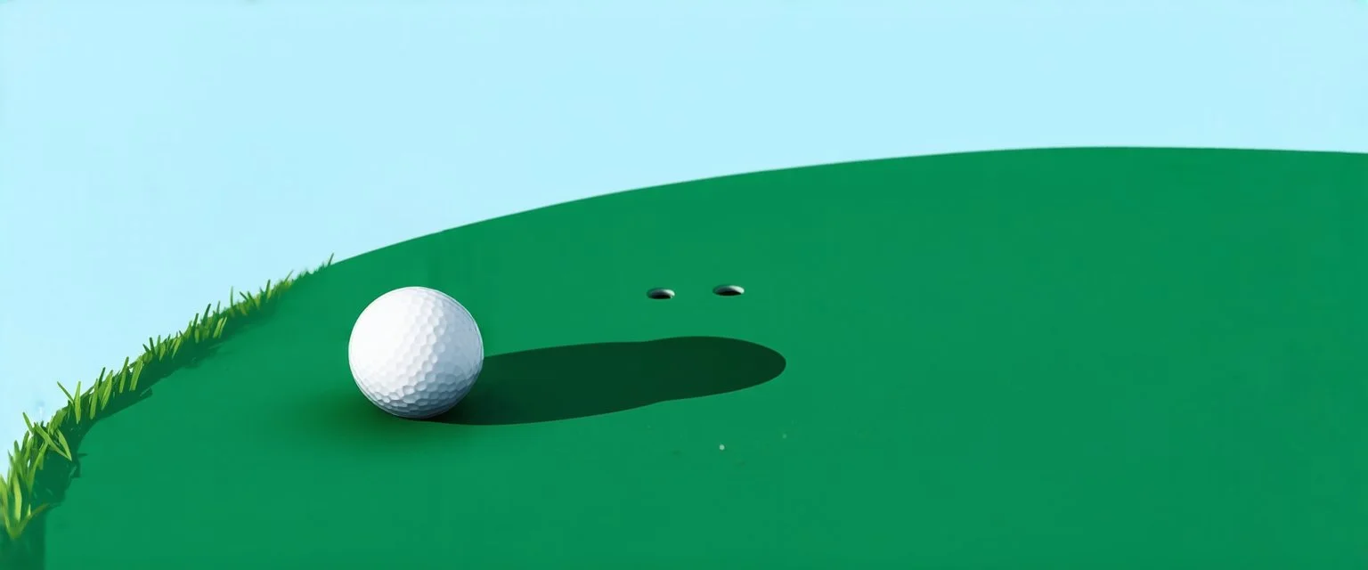 golf ball with shadow next to the hole, ground is short groomed natural green grass, clear blue sky, add texture and depth, realism