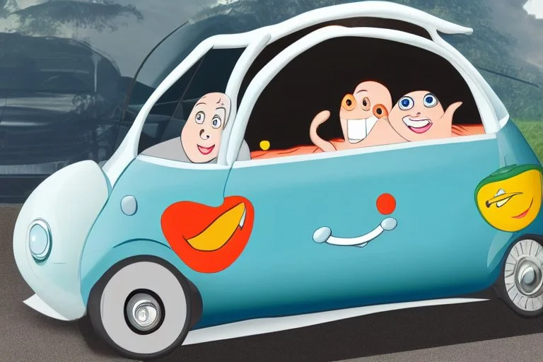 whimsical cartoon car with big eyes and its front grill forming a friendly smile