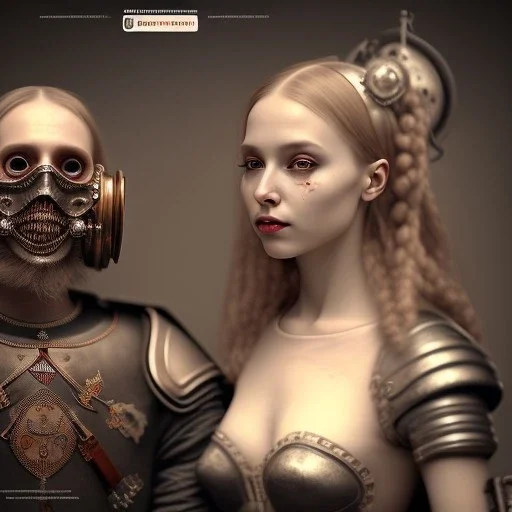 a cute smiling girl with her husband in medieval armor with a tattoo in her face, michelangelo painting, steam punk, scary, horror, realistic, made in octane, cinematic, ultra-realistic, extremely detailed octane rendering, 8K, VRAY Super Real ar 2:3, dof photorealistic futuristic 50mm lens hard lighting dark gray tintype photograph, realistic lighting, sephia colors