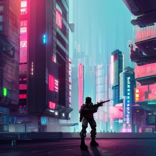 Cyberpunk Soldier Fighting in a cyberpunk city