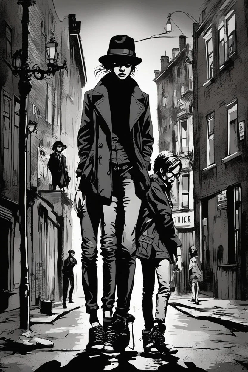 Design a detective book cover for teenagers. A teenage girl in the centre, one boy on her left, and one on her right are on the town street. Black cat at girl's legs. Banksy style, pop art style, dark mood, mysterious atmosphere