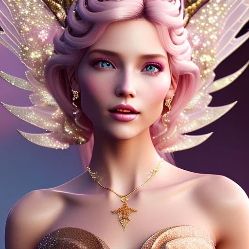 enlighten, light pink pink colors, beautiful portrait of happy blonde bright fairy with wings, smiling joyfull, crystals, gold dress, winter landskape, depth of field, 8 K, fantasy