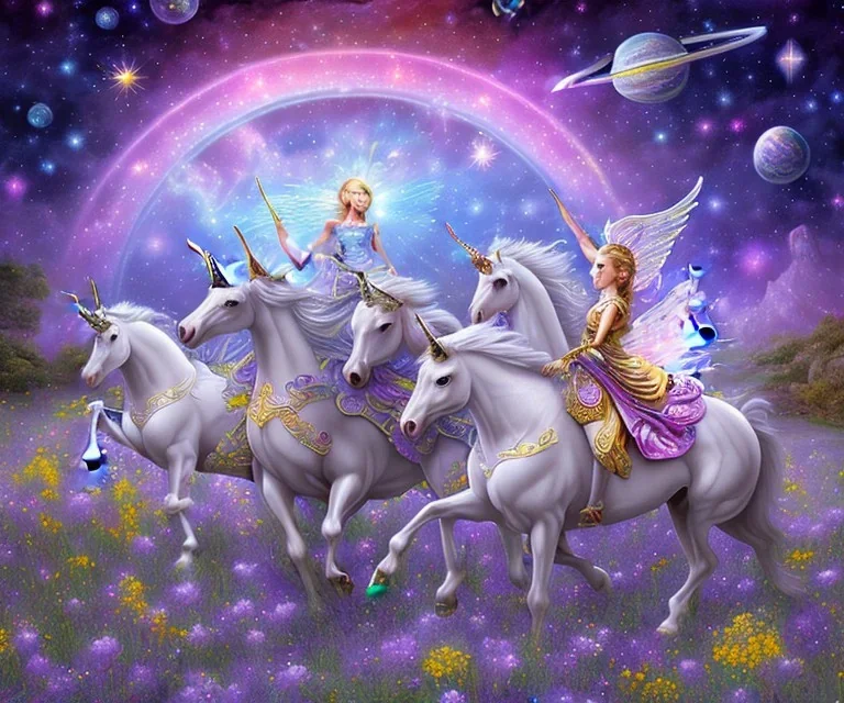 mondo fairy (fiori, violetti, bianchi, blu e gialli) un unicorno, cavalli alati cielo stellato, astronavi, arcobaleno cosmico