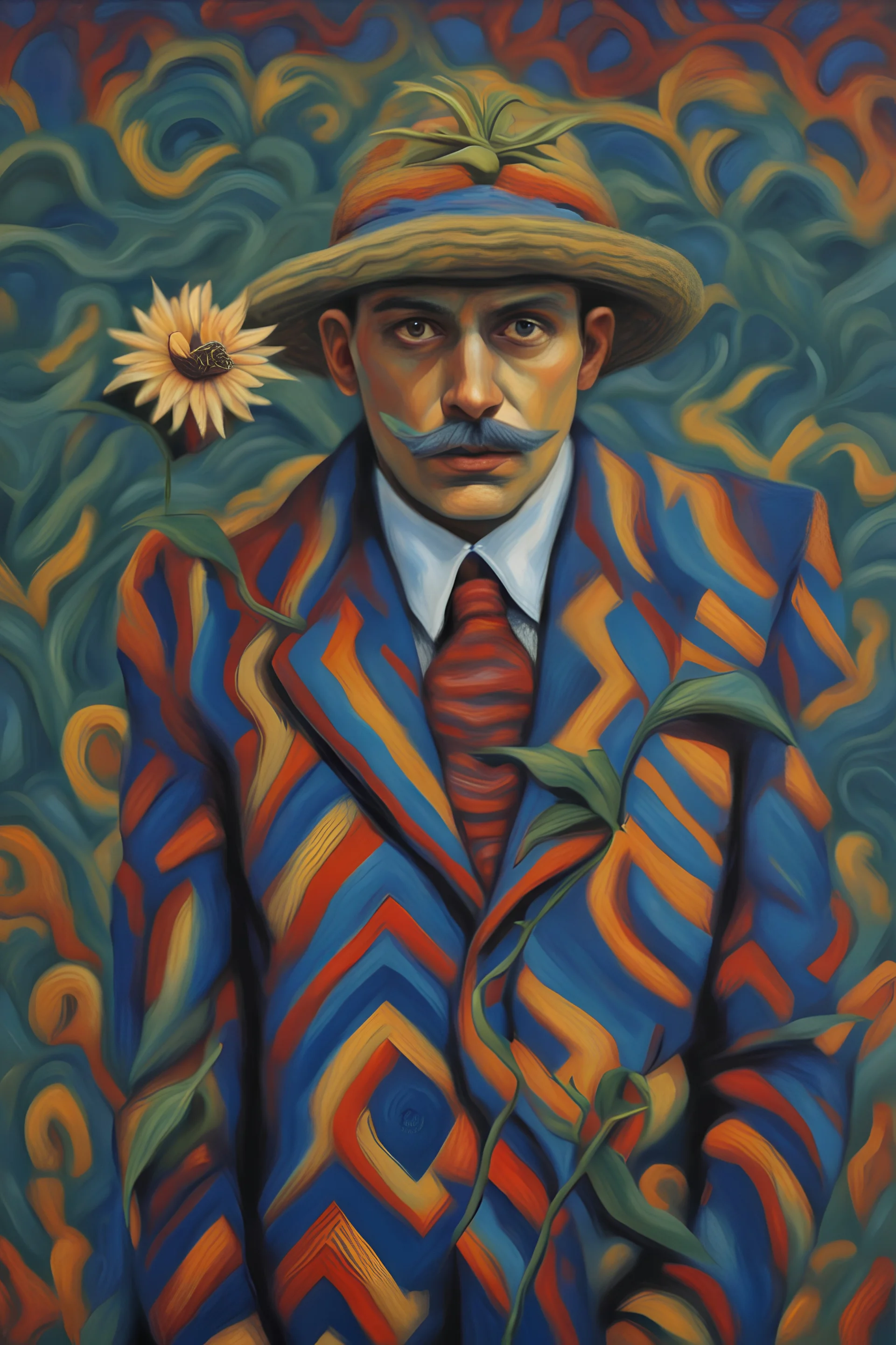 Man in knitted chevron-patterned Zoot Suit with a passionflower head; Acrylic Paint; Neo-Impressionism; symbolism; Contemporary; Van Gogh; Hundertwasser; Giger.