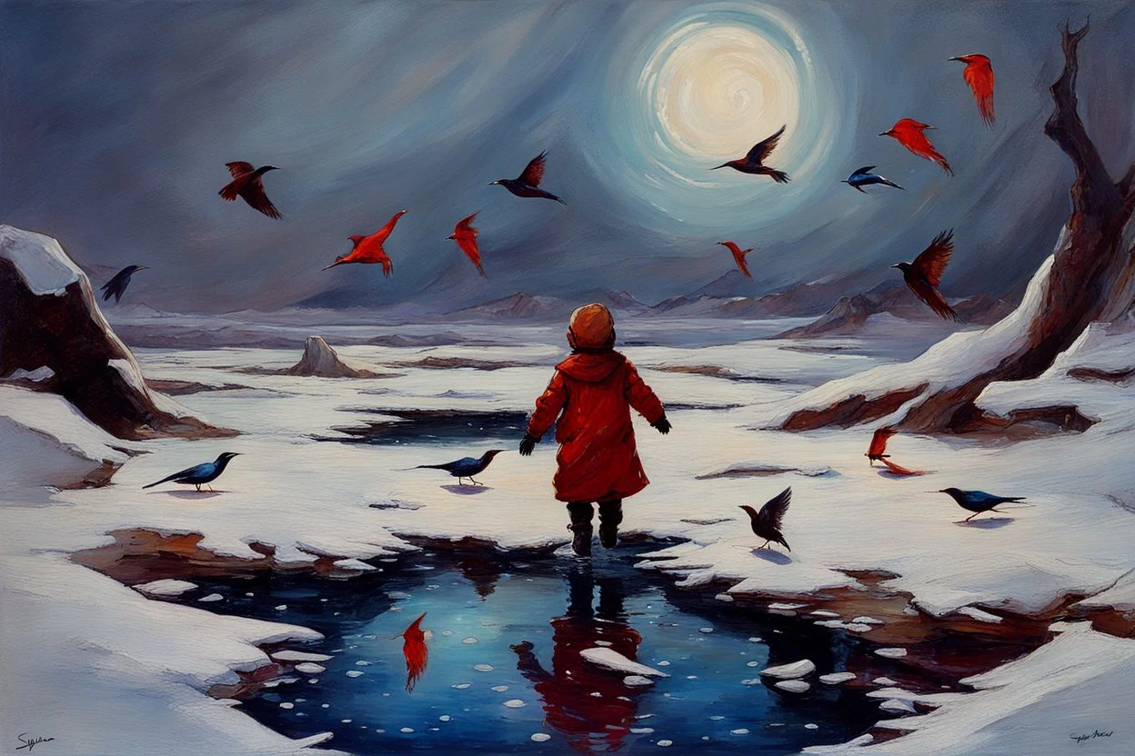 Gems and precious stones, little puddle, space, person, ice, winter, flying birds, fantasy, john singer sangent impressionisn painting