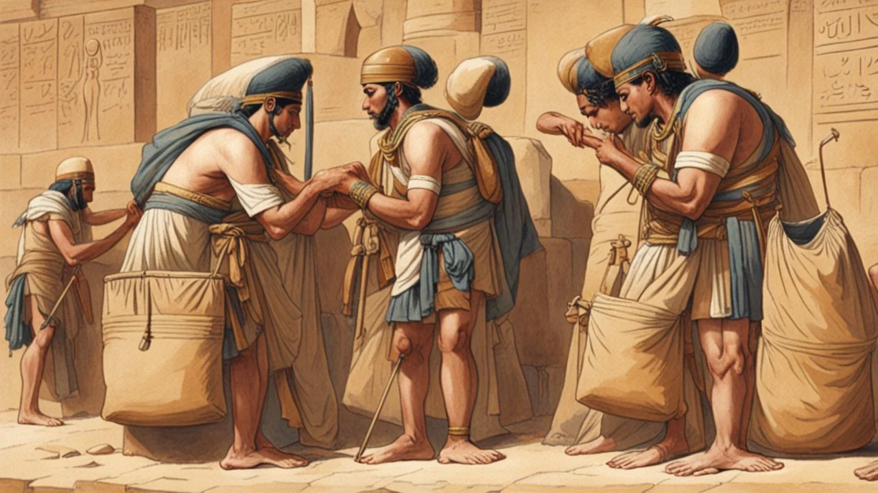 Ancient Egyptian soldiers tying large bags