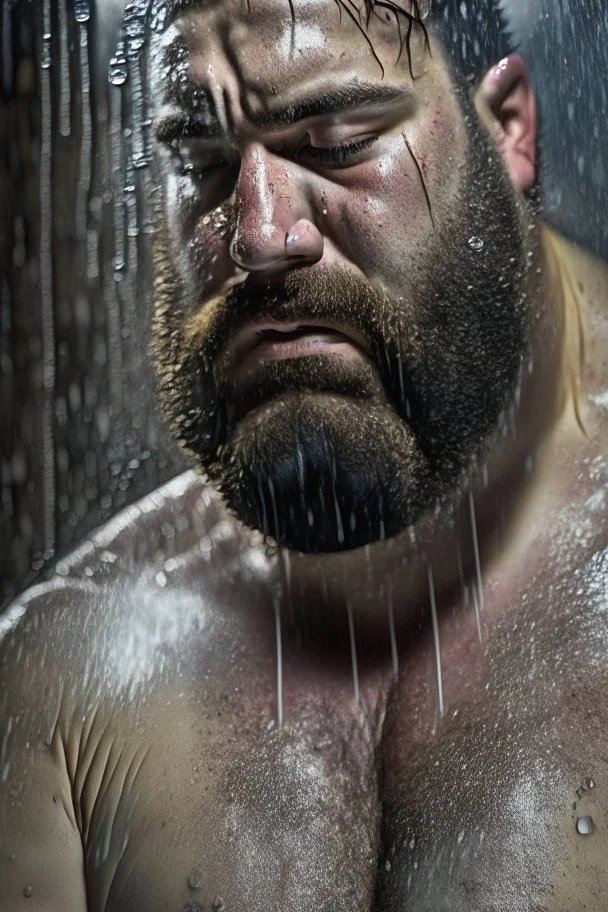 fiull body shot 33 years old nigerian carpenter man hands behind the head , in an abandoned warehouse, serious, bearded burly chubby , serious eyes, under the shower, wet, dripping water, manly torso, photorealistic, 50mm photo, ambient occlusion , side view from the ground