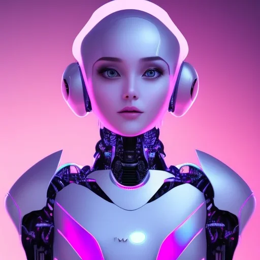 Cute hijab woman in a robotic suit,purple and pink backlight, profile