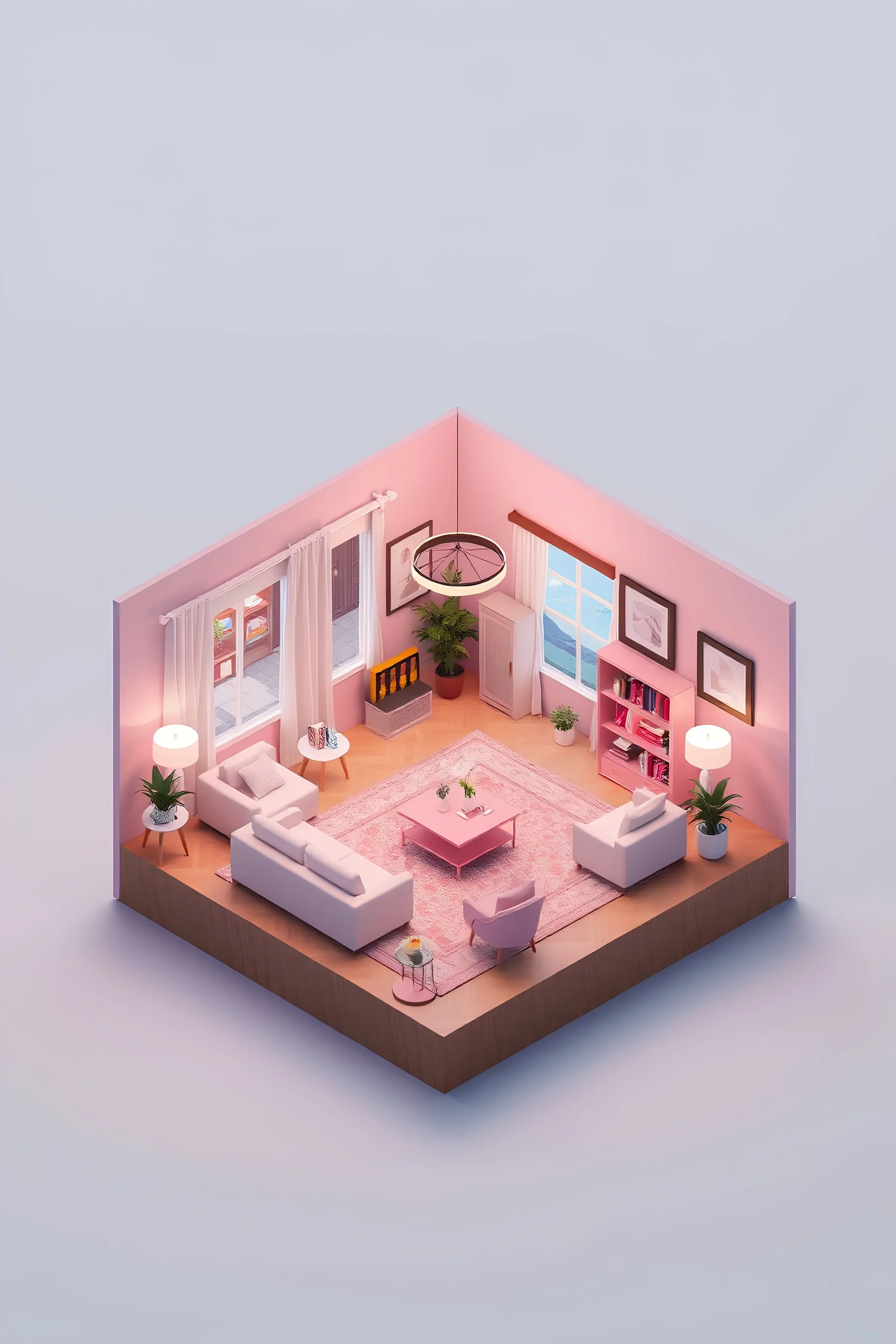 cube cutout of an isometric living room, 3d art, pastel colors, soft lighting, high detail, artstation, concept art, behance, ray tracing