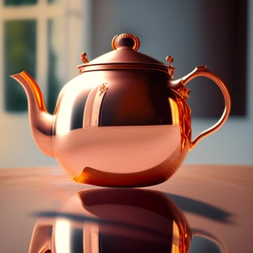 The reflection of a child on the surface of an old copper teapot