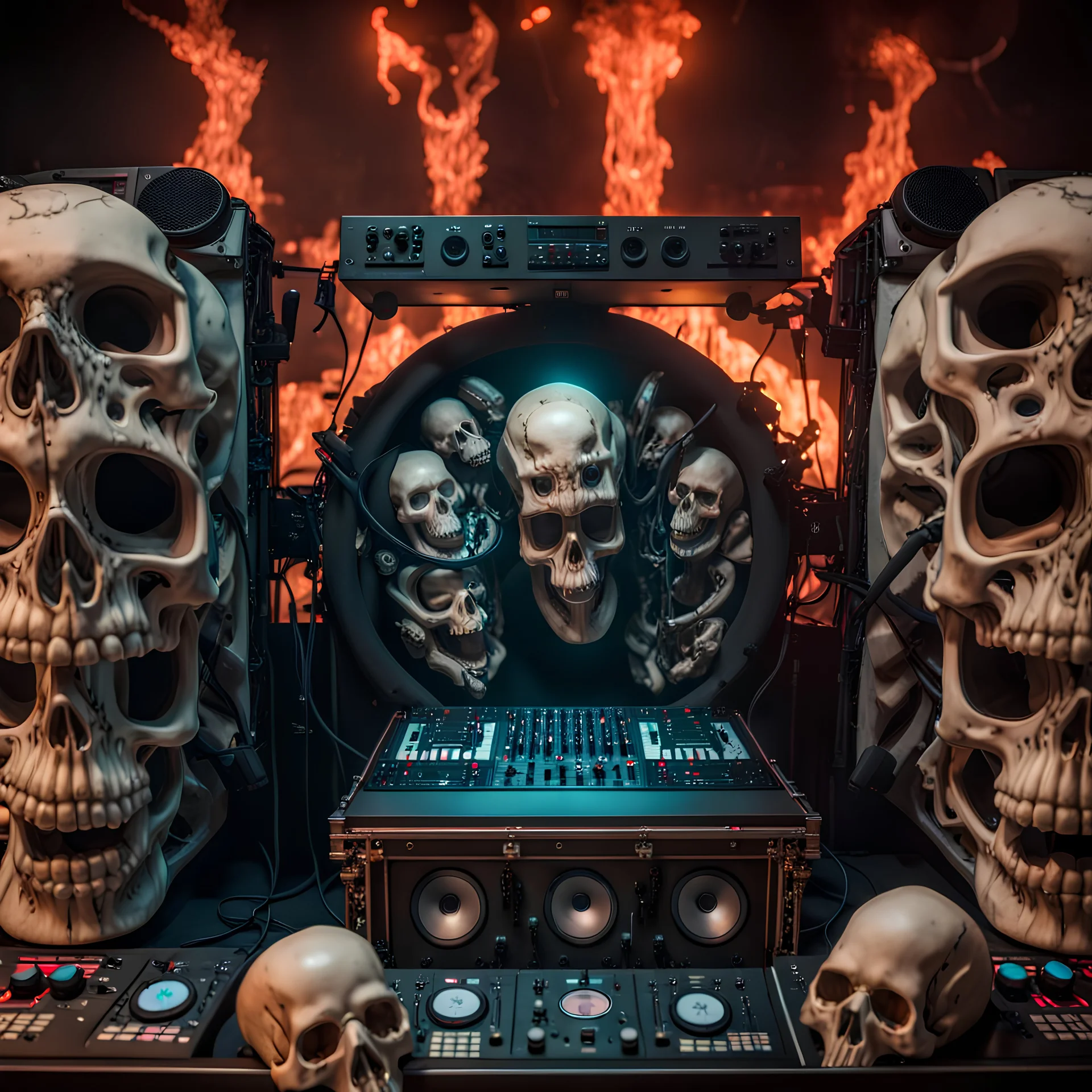 DJ of the damnded, insanely detailed DJ booth in hell, MID set, speakers and equipment made of bone, anatomically correct, add more skulls in th audience, photorealism, vray, 8k 3d, woofers in all empty eye sockets of stage equipment, wide angle, telephoto, from audience, all multicolored skulls,