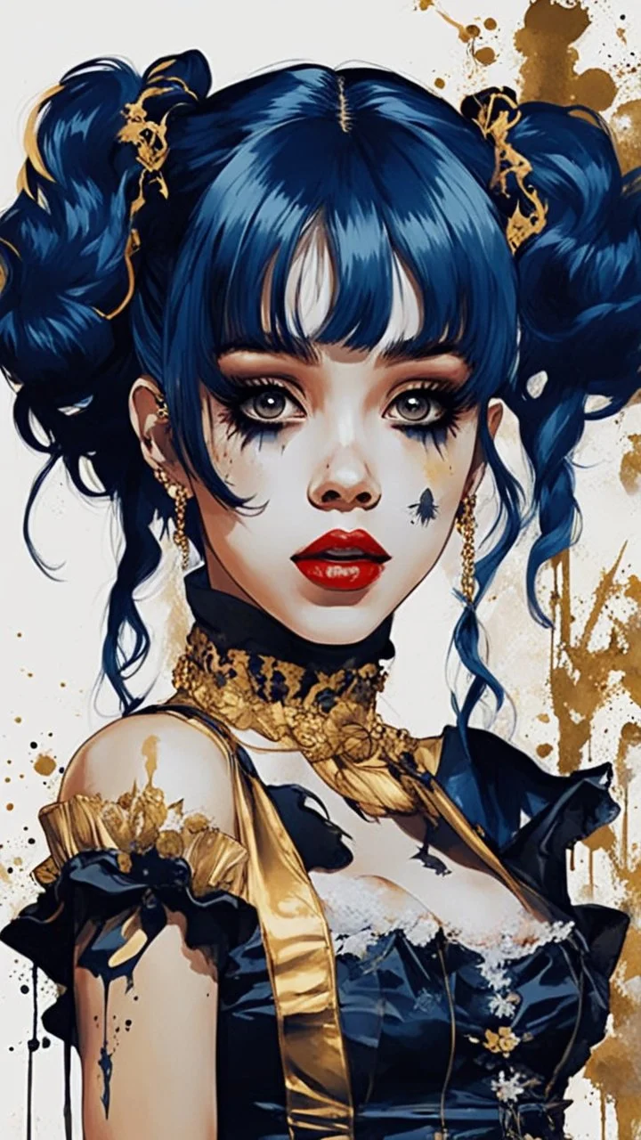 Poster in two gradually, a one side malevolent goth vampire girl face and other side the Singer Melanie Martinez face, full body, painting by Yoji Shinkawa, darkblue and gold tones,