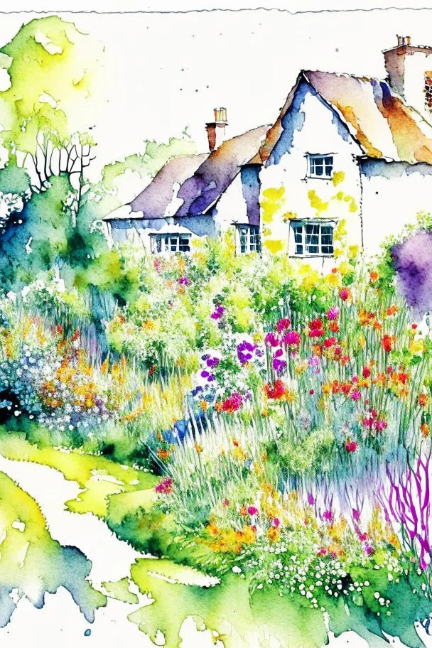 abstract watercolour english cottage garden in the style of jean haines, centred
