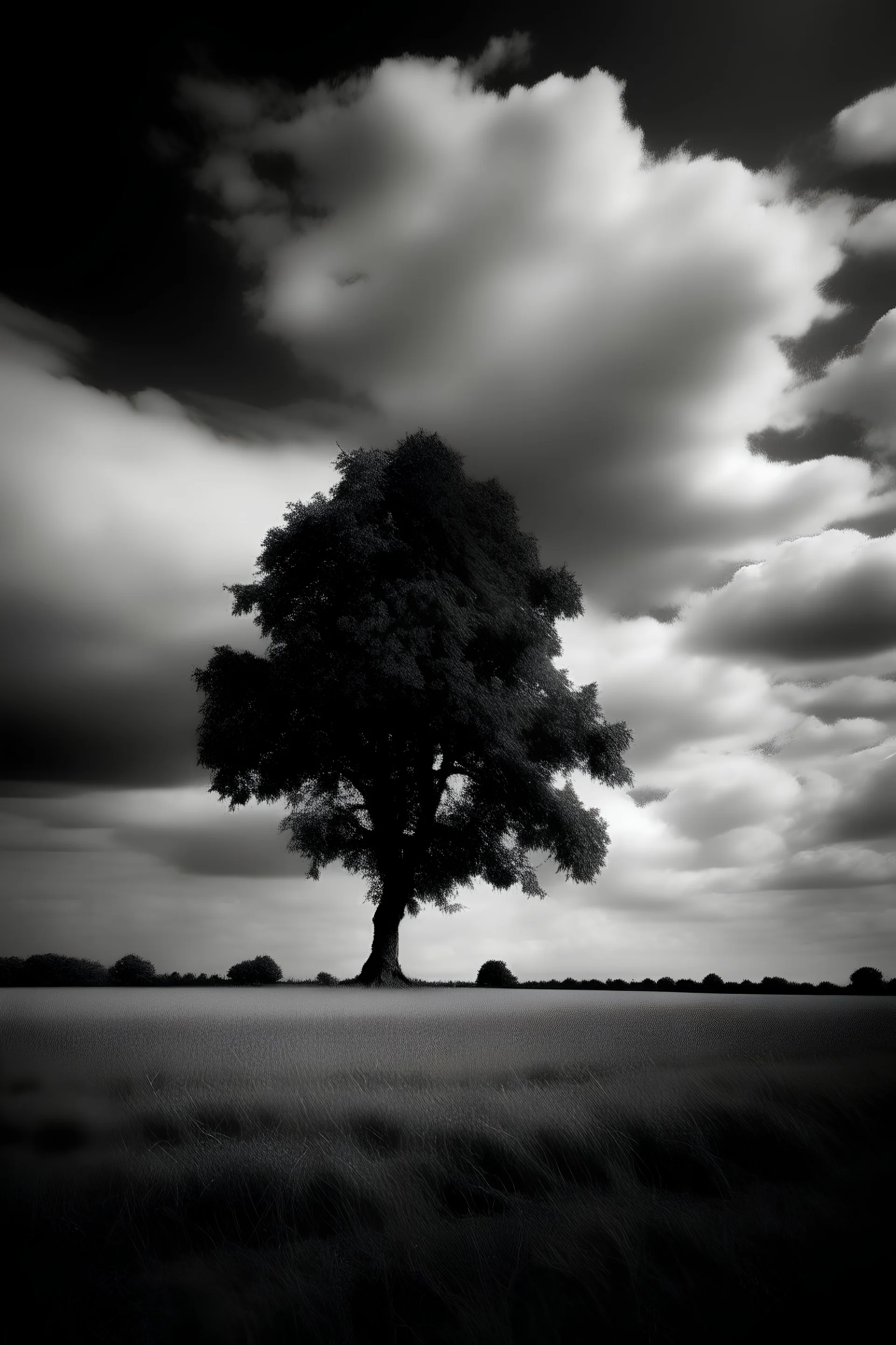 conceptual photo, art photo, illusion, fine art, death, dark cloudy sky, surrealism, black and white, single chestnut tree, distant view