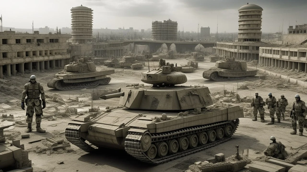 Israeli soldiers and tanks stand on a very large chessboard in the middle of a destroyed city