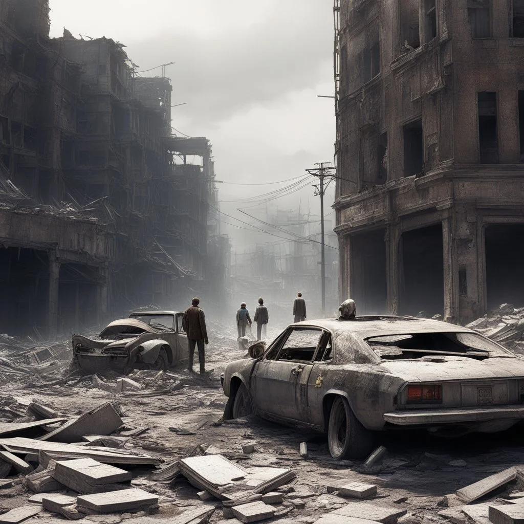 After the fall of the world, two humans stand on the side of their battered car, gazing out at a once-thriving city now reduced to rubble and dust. The remnants of civilization lay scattered before them, a haunting reminder of what once was. The silence is deafening, broken only by the distant howl of the wind as it whips through the desolate streets.
