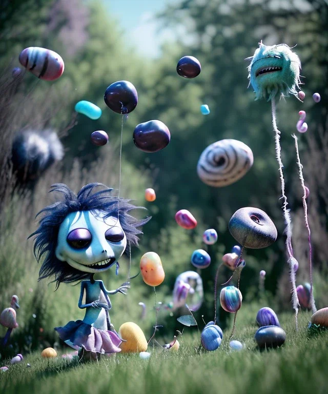 Tim burton photographer, Ultra realistic garden scene, wide angle view, child playing with feather pillows and sweet inflatable monsters, circus dress style, feather color, free jumping, many trinkets, hair monster, many jelly beans, balls, smile, extreme, wind, soft color, highly detailed, unreal engine 5, ray tracing, RTX, lumen lighting, ultra detail, volumetric lighting, 3d, finely drawn, high definition.