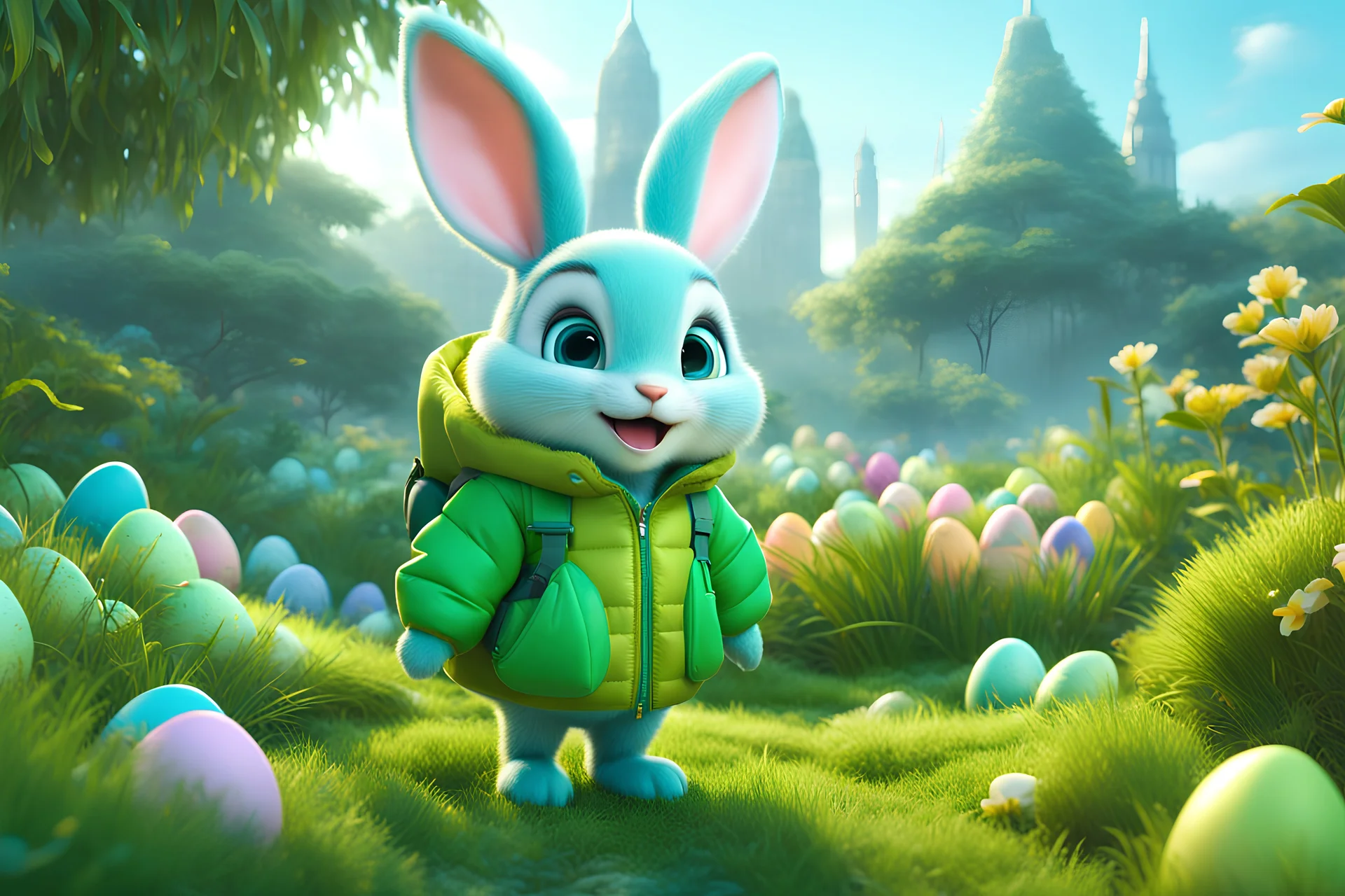 easter holidays, pixar art style of cute pixie smiling bunny with large eyes, full body, fresh green puffer jacket, manila city backdrop, by mobeius, large eastern eggs, in the garden of Eden, stylized vegetation, turquoise water ground-level view, foggy atmosphere, hyper detailed, digital art, trending in artstation, cinematic lighting, unreal engine 5 rendered, octane rendered, art style by klimt and nixeu and ian sprigger and wlop and krenz cushart