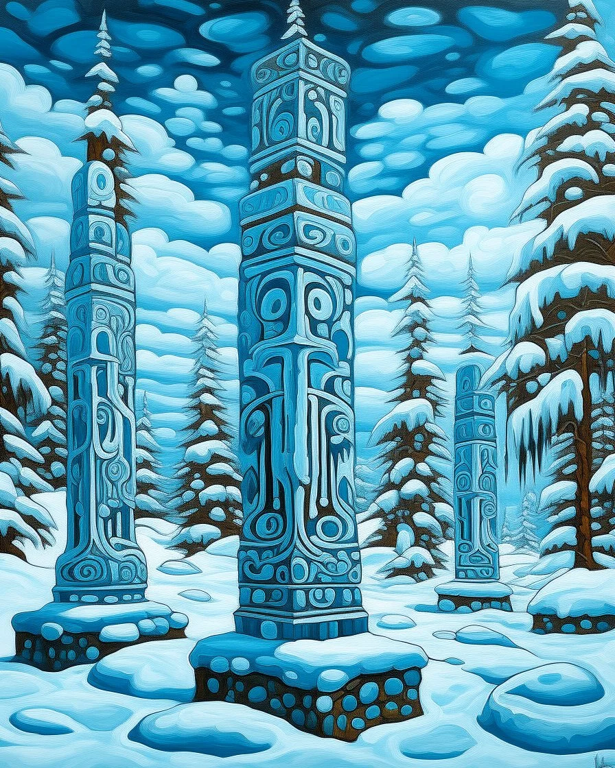 A cyan winter snowfields covered in ice designed in pacific Northwest totem poles painted by Edward Hicks