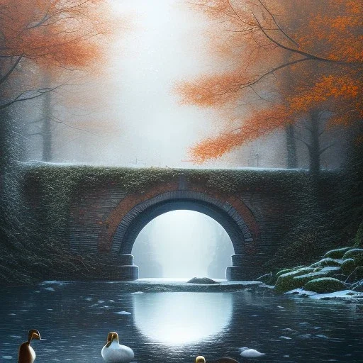 fantasy art, book cover, portrait of duck under a bridge , old mill wheel ,icy autumn water, icy frame