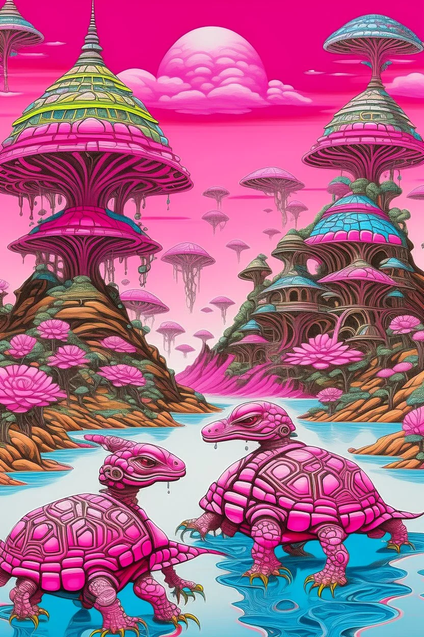 A pink cybernetic realm with pixie turtles designed in Navajo baskets painted by Utagawa Hiroshige